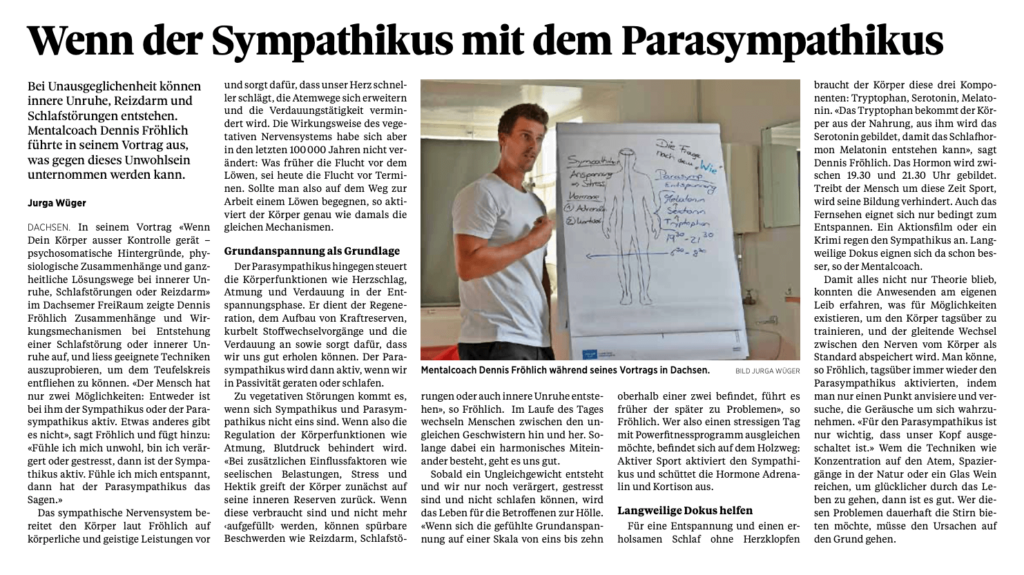 Ein Zeitungsartikel in den Schaffhauser Nachrichten über den Vortrag von Dennis Fröhlich, Trainer und kopfgesund Coach, in Dachsen.