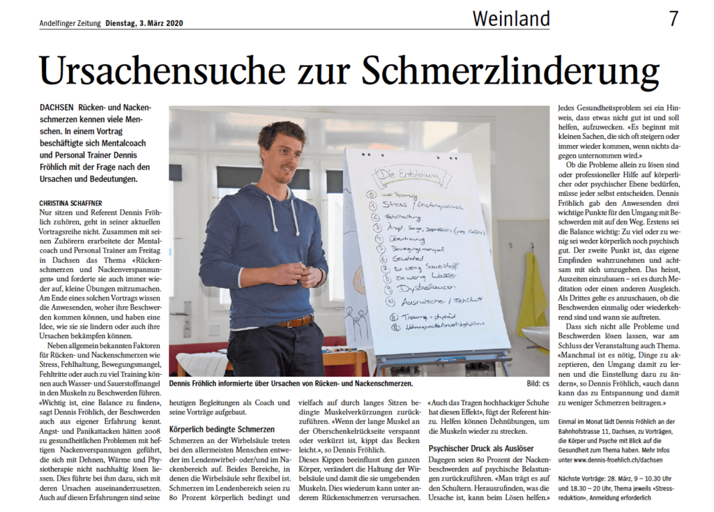 Ein Zeitungsartikel in den Andelfinger Zeitung über den Vortrag "Ursachen zur Schmerzlinderung" von Dennis Fröhlich, Trainer und kopfgesund Coach, in Dachsen.